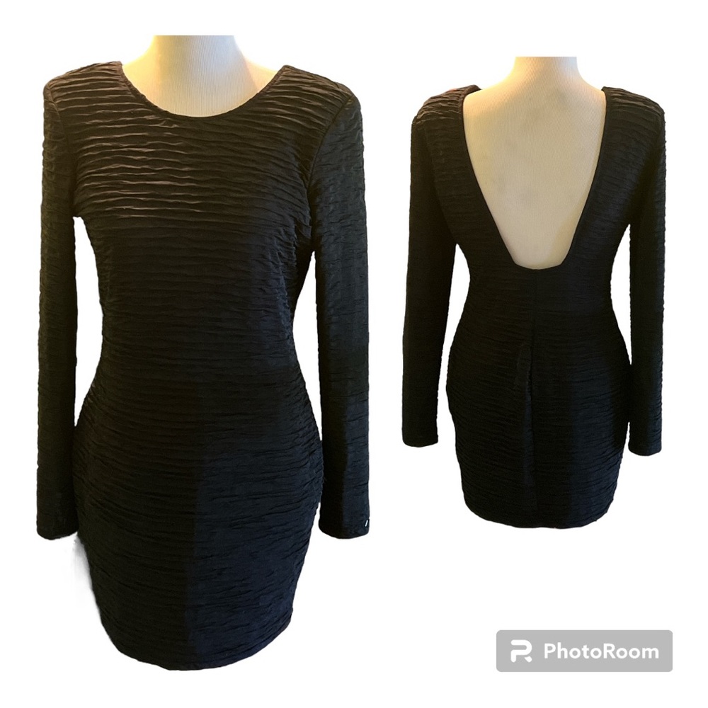 Backstage Medium black long sleeve dress plunging back poly/spandex Never Worn